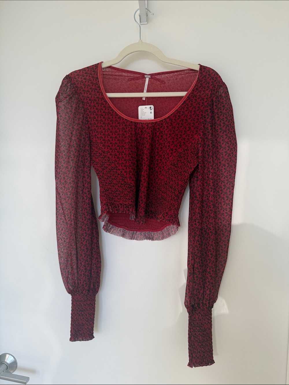 Free People Burgundy Printed Mesh Crop Top with Smocked Cuffs